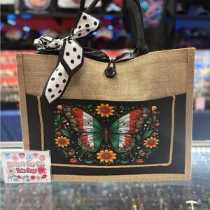 Butterfly Print Tote Bag with Polka Dot Bow